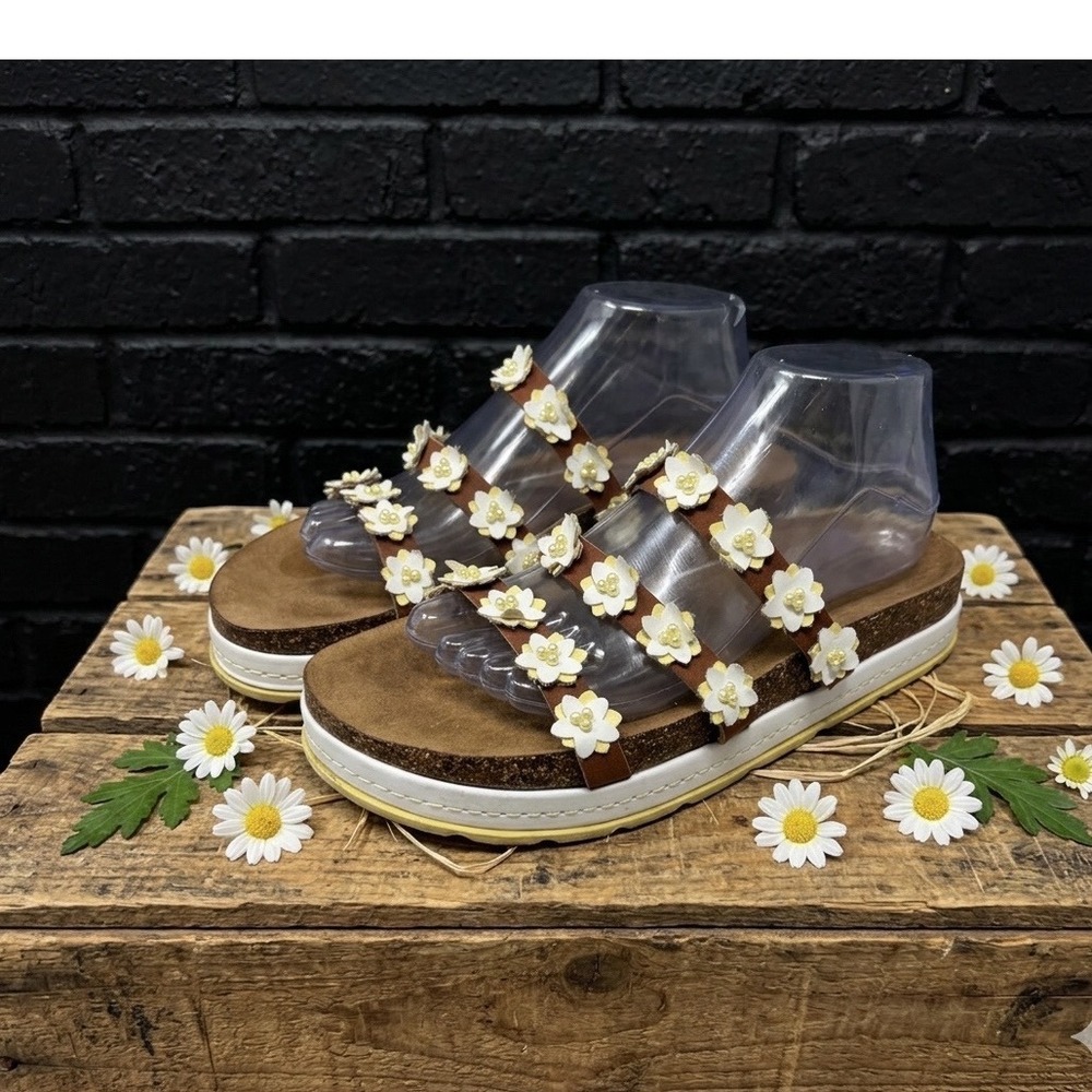 Daisy‎ 🌼 Floral 🖤 Platform Sandals Boho Pearl Slides Y2K Retro Aesthetic 10